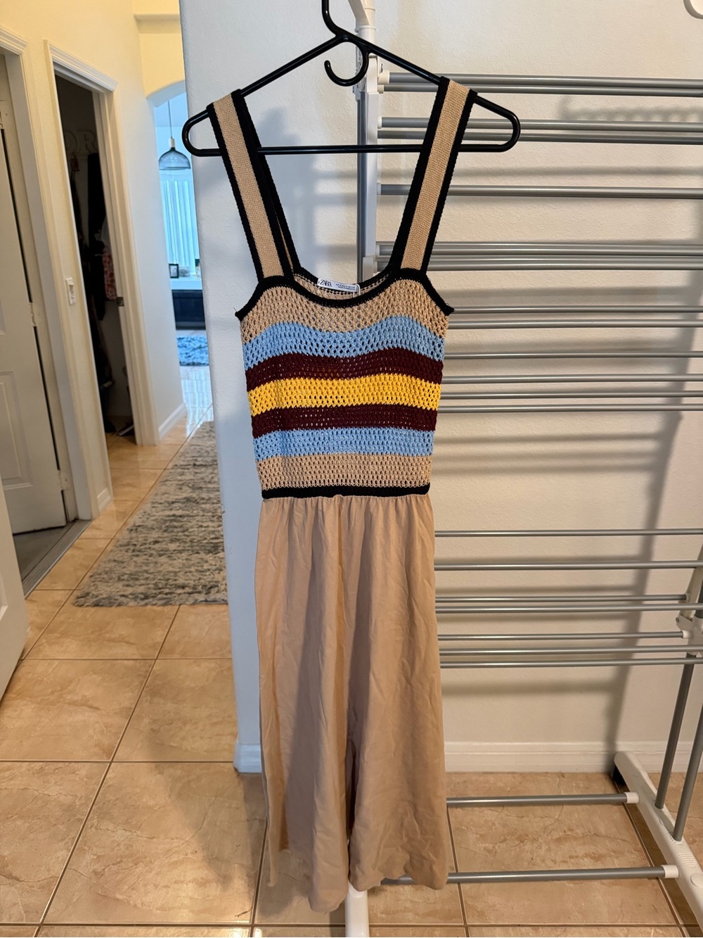 Zara Striped Crochet Top Dress in Beige with Blue, Yellow & Burgundy Accents